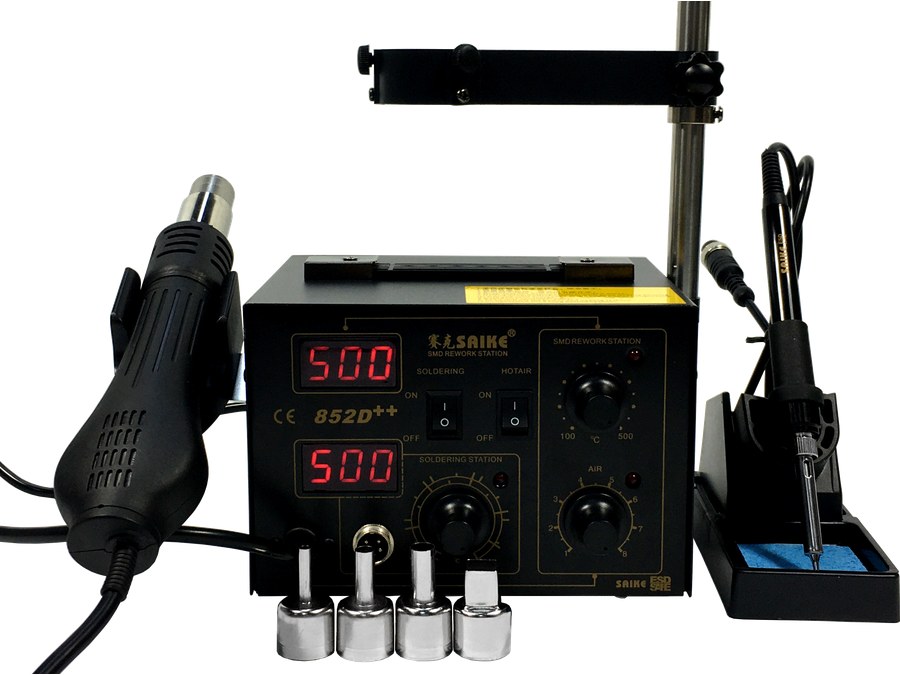 SAIKE 852D++ workbench setup with hot air and soldering handles