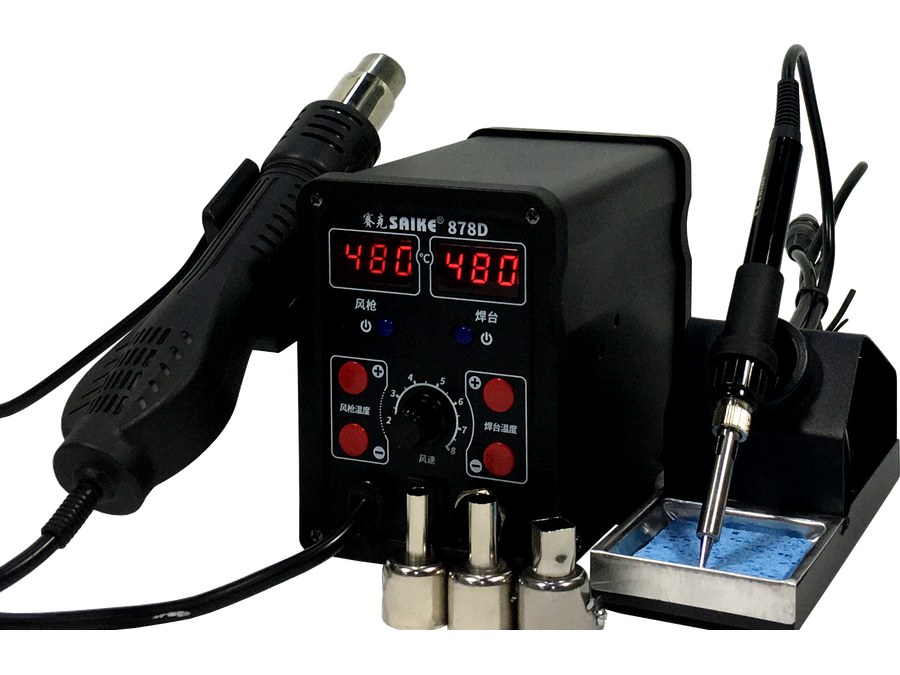 SAIKE 878D workbench setup with hot air and soldering handles