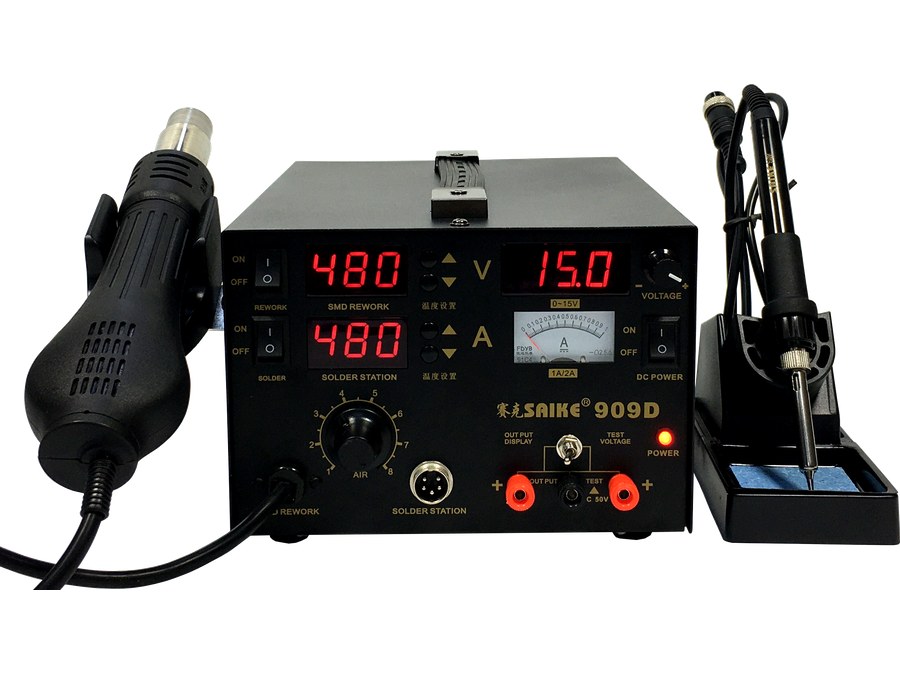 SAIKE 909D workbench setup with hot air and soldering handles