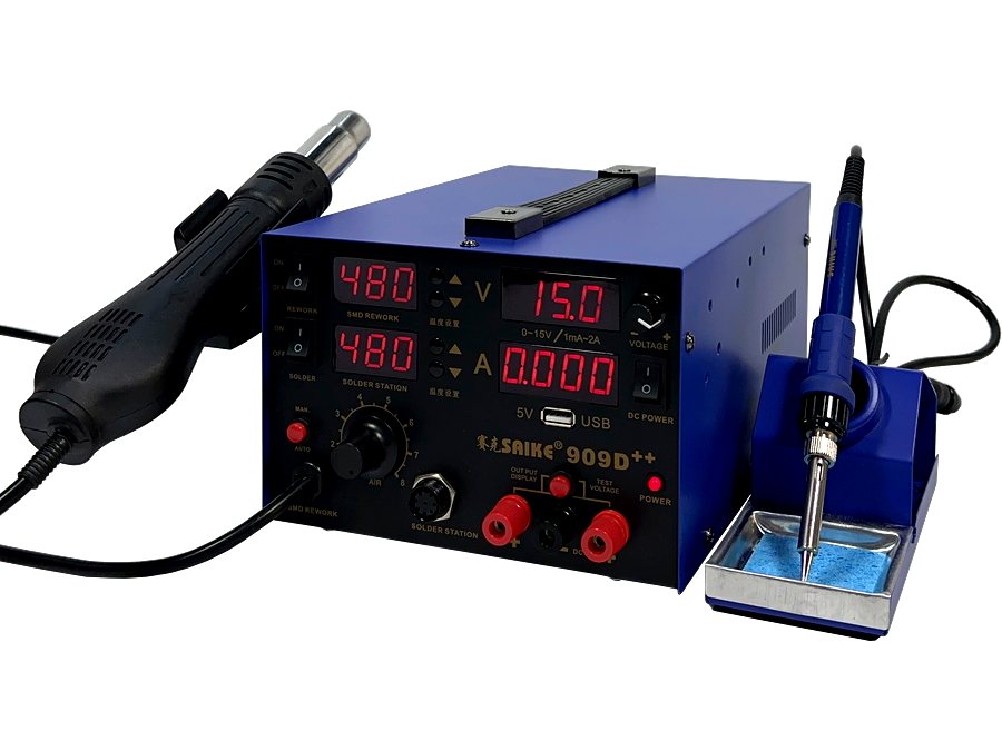 SAIKE 909D++ workbench view with hot air gun and soldering iron